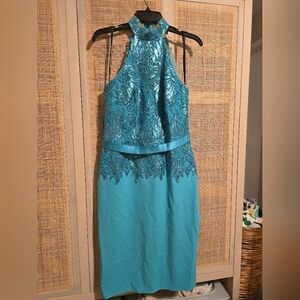 Tadashi Shoji Teal/Turquoise Lace Sequinced Halter Midi Dress